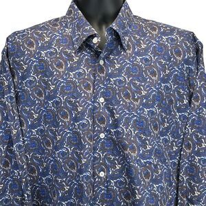 Alan Flusser Paisley Button Front Shirt Long Sleeve Blue White Mens XL X-Large